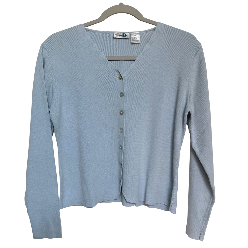 Vintage 90s Light Blue Scalloped Neck Cardigan Cotton Blend Large Cottagecore